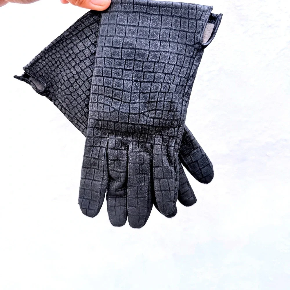 Cardinal Glove Co Vintage Black Croc Embossed Genuine Leather Gloves Large Chic‎
